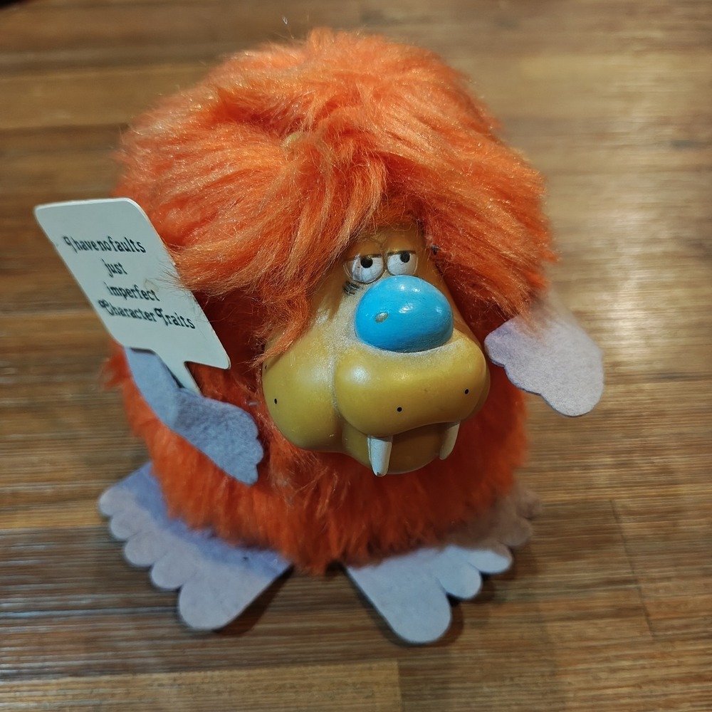Vintage C.M. PAULA CO. 80's Plush Orange Mod Fuzzy Monster Troll I Have No Fault